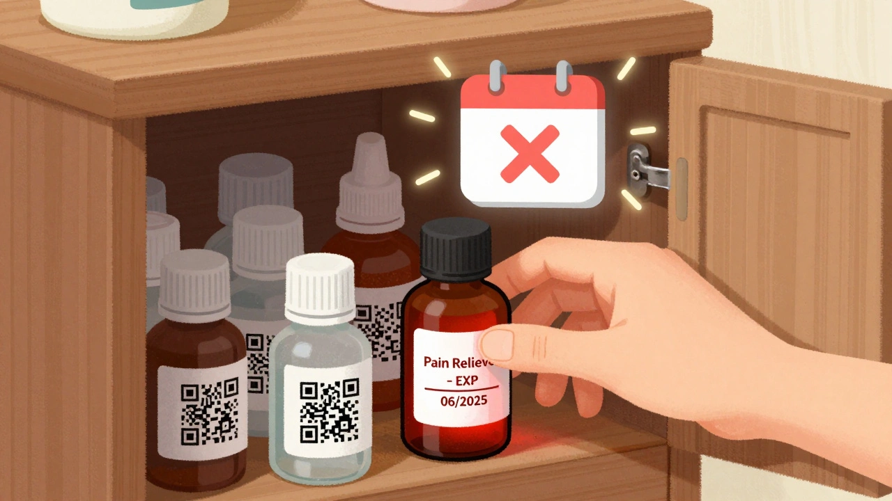 Home medicine cabinet with one expired pill bottle glowing red, digital alert floating above.