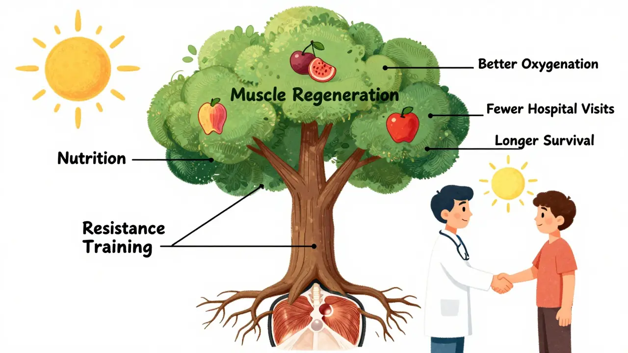 Medical chart turning into a tree with nutrition and training as roots, symbolizing muscle recovery and improved survival.