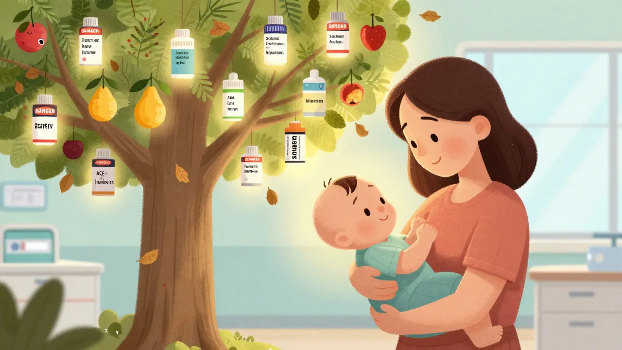 Mother holding baby beside a tree of safe and unsafe medications, symbolizing informed choices.