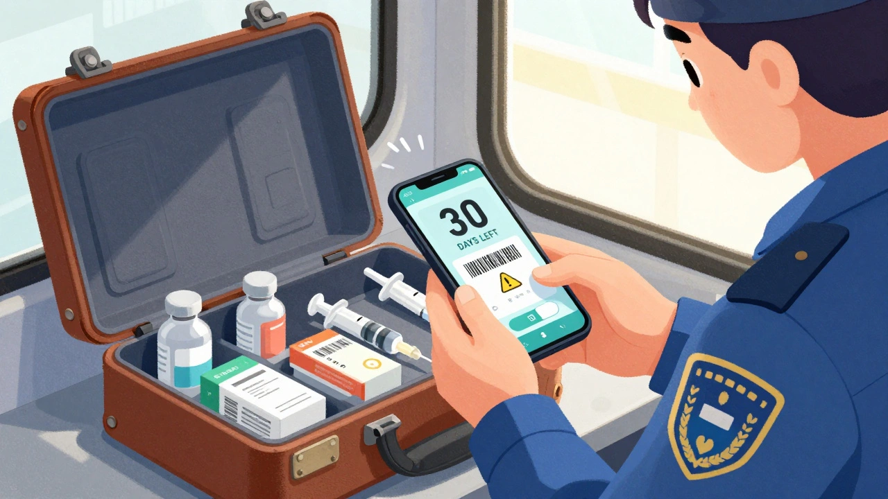 Paramedic scanning a medication barcode on a smartphone in an ambulance with a countdown timer nearby.