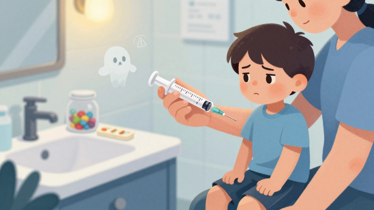 Parent giving liquid medicine with syringe while unsafe containers sit nearby.