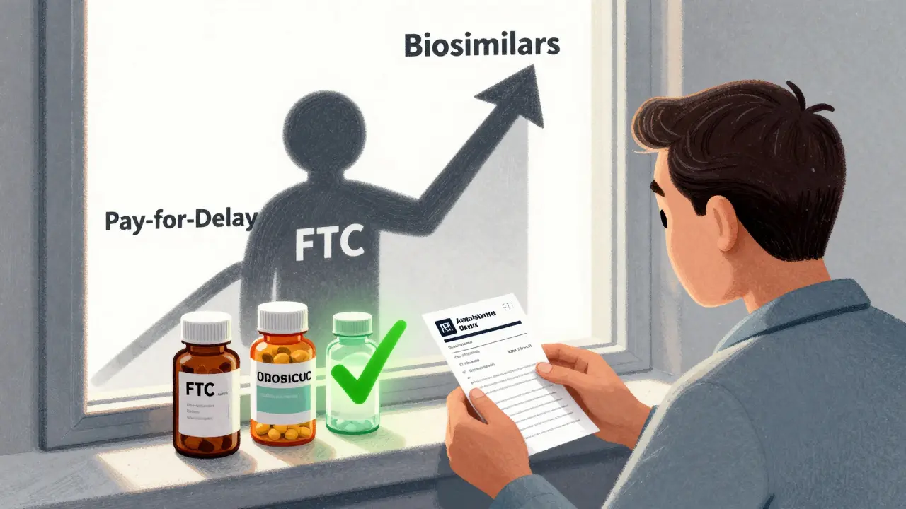 Patient comparing three pill bottles with glowing checkmark on authorized generic, biosimilars rising in background.
