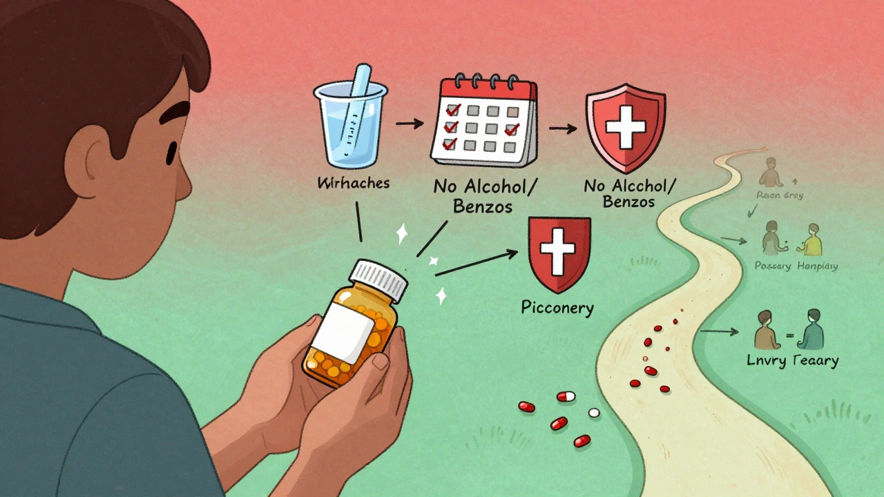 Patient surrounded by icons of safety measures and non-opioid pain relief options, transitioning from red to green.