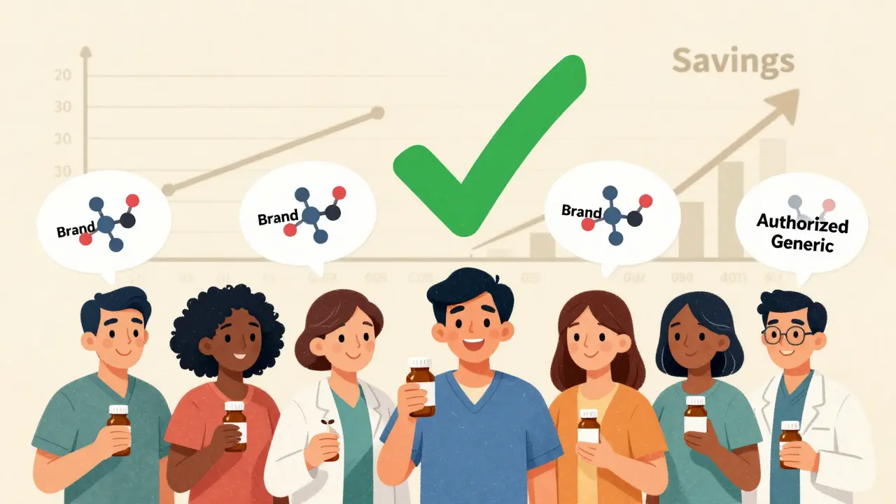 Patients smiling with identical drug molecules above them, symbolizing equal effectiveness