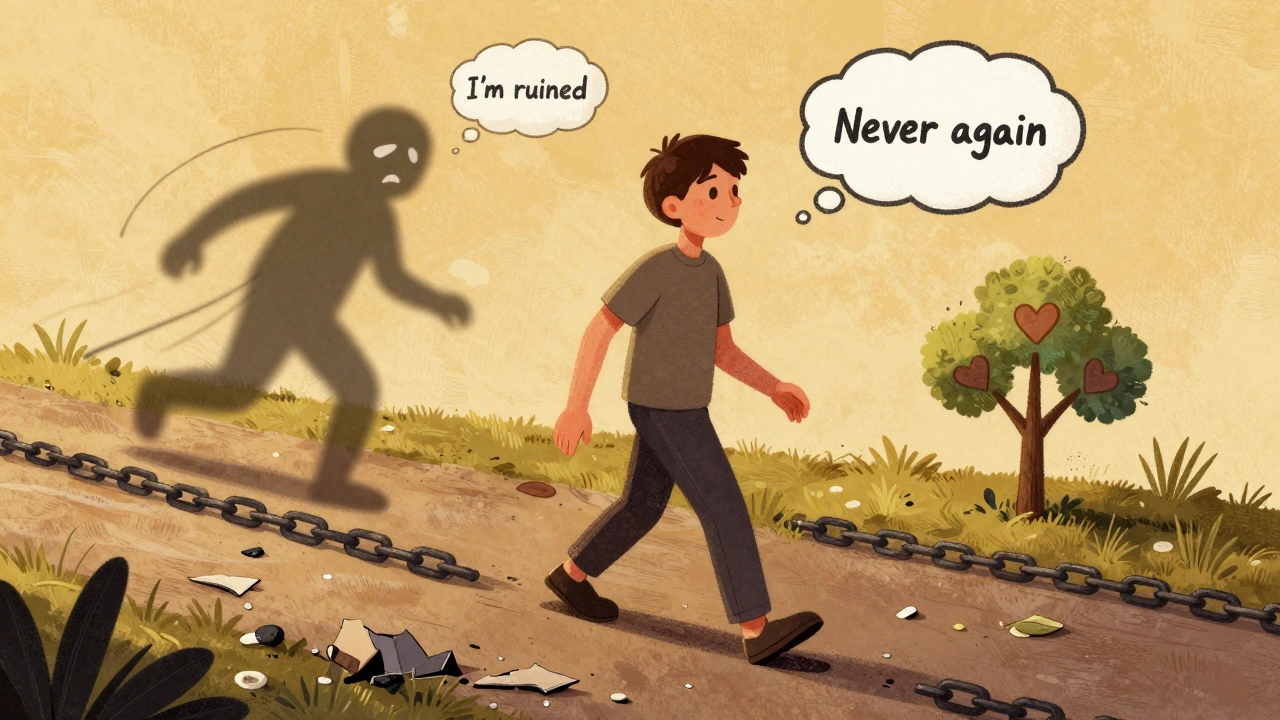 Person walking forward on a path, leaving behind chains and negative thoughts, toward a growing symbol of hope.