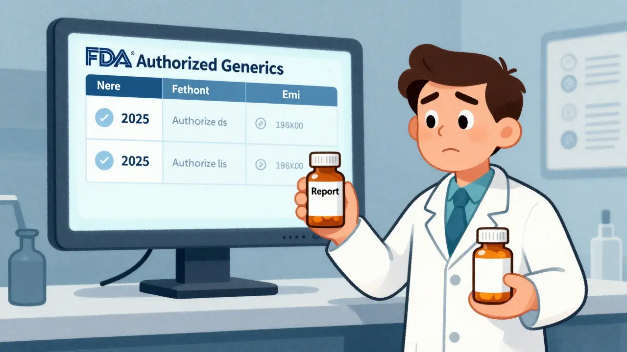 Pharmacist holding two identical bottles, digital screen in background shows only two 2025 authorized generics listed.