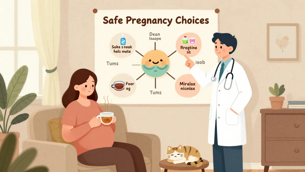 Pregnant woman reviewing a safe medication chart with her doctor in a calm home setting.