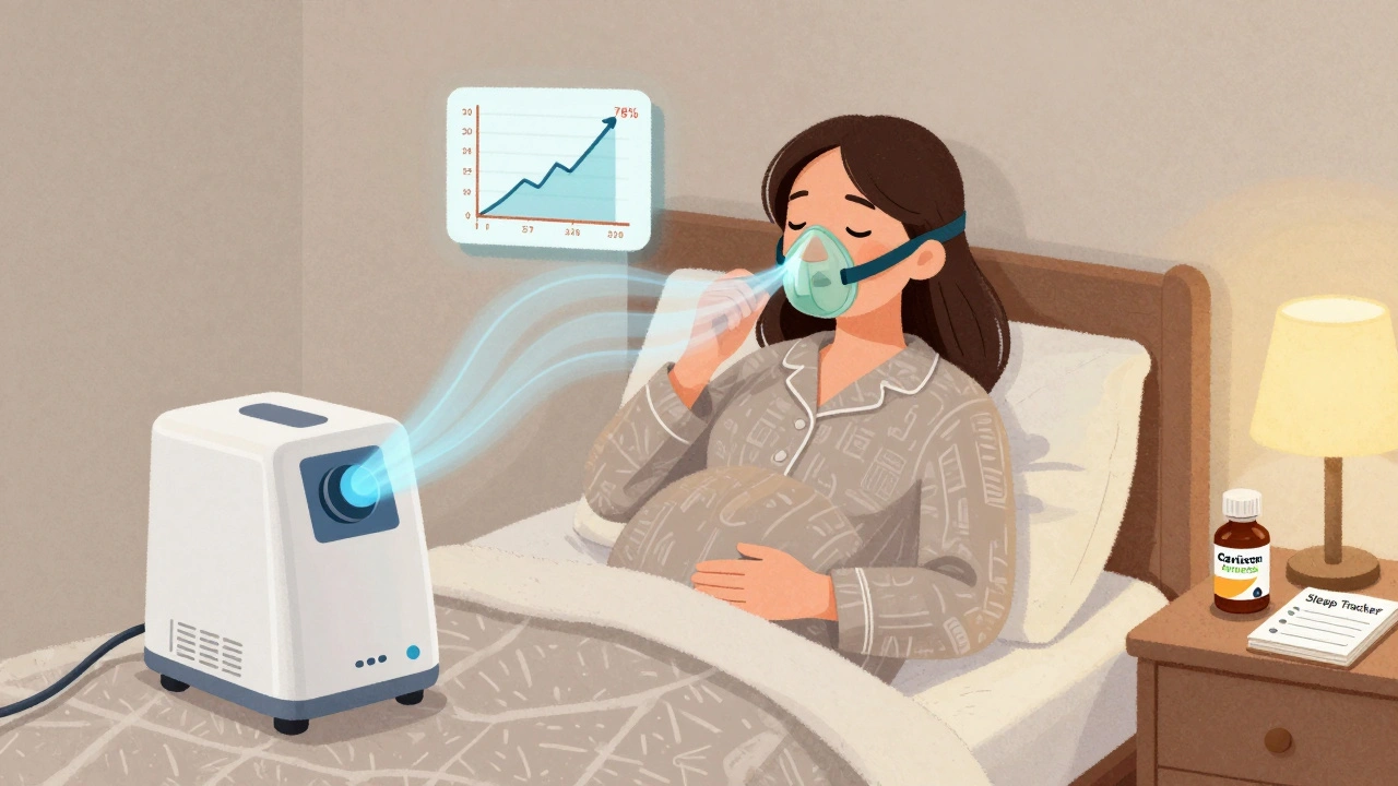 Pregnant woman using CPAP nasal pillows with gentle airwaves, bedside Gaviscon and sleep log, warm room lighting.