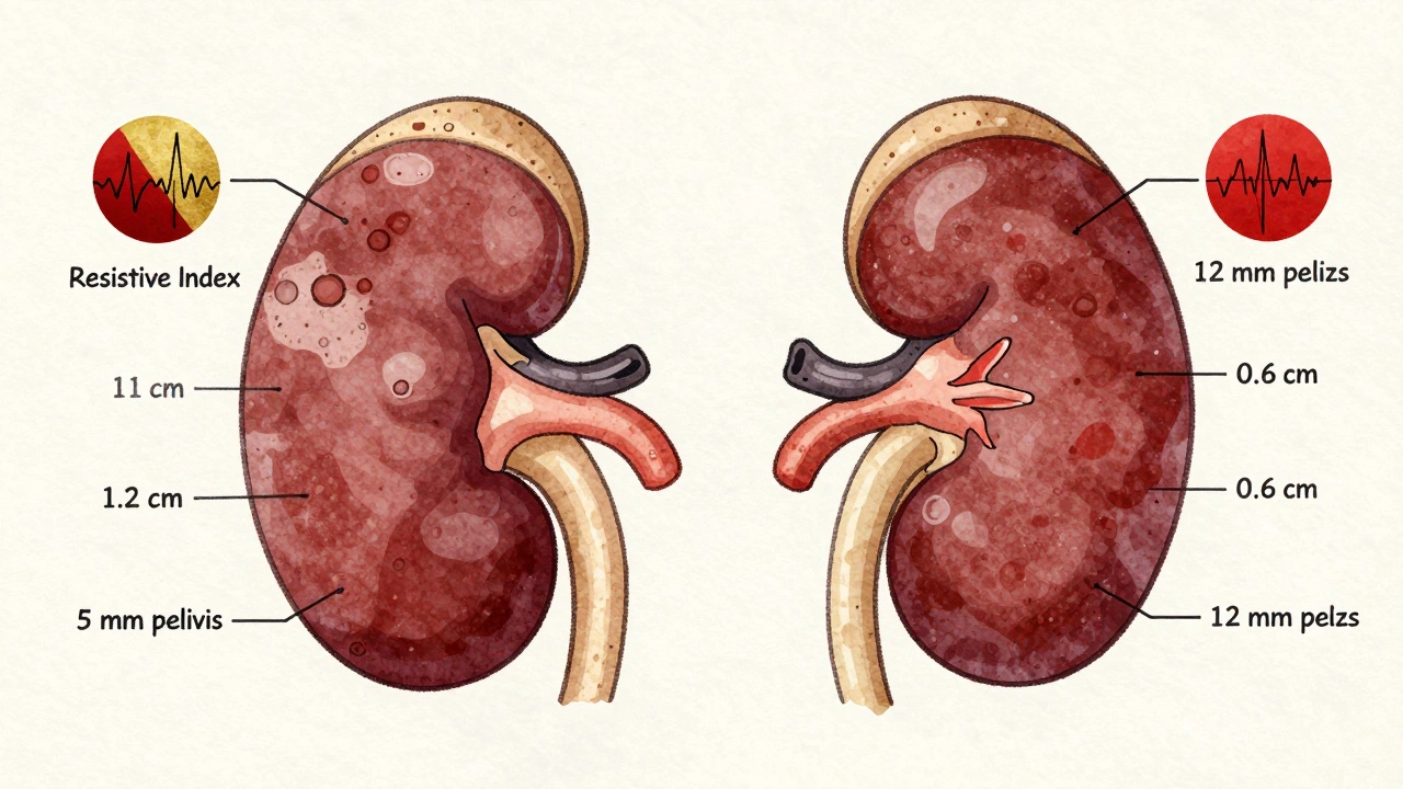 Side-by-side comparison of healthy and obstructed kidneys with labeled measurements and Doppler waveforms.
