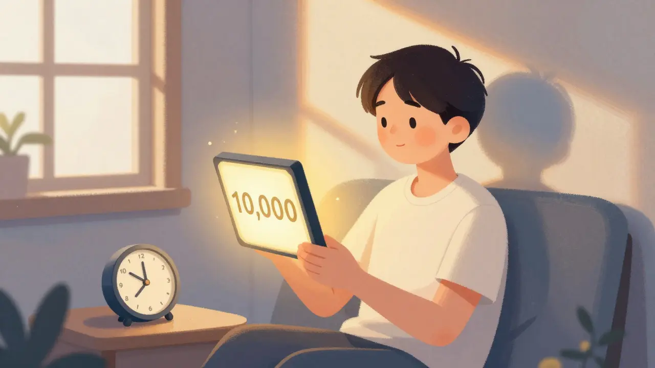 Someone using light therapy at dawn as a clock shifts from 4 a.m. to 1 a.m., symbolizing recovery.