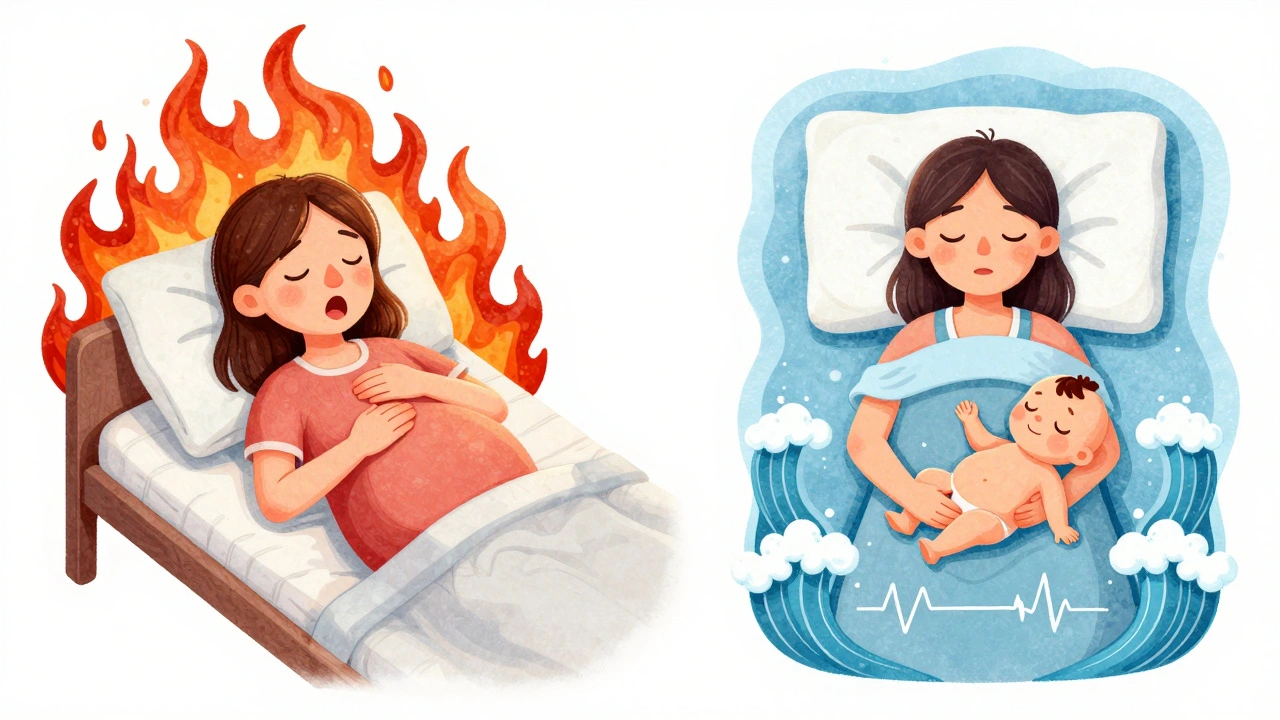 Split illustration: left side shows reflux distress, right side shows peaceful sleep with elevated head, symbolic health contrasts.