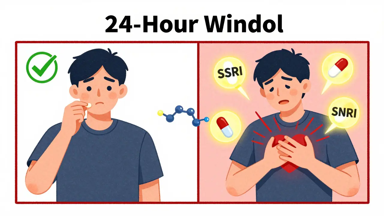 Split scene: one side relief with triptan, other side danger with SSRIs and chest tightness.