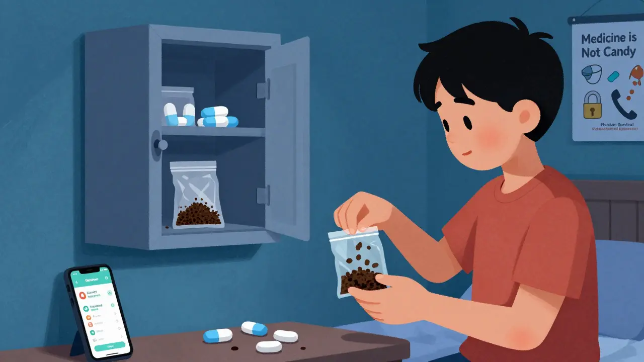 Teenager disposing expired pills in sealed bag with coffee grounds, locked cabinet visible, and 'Medicine is Not Candy' poster on wall.