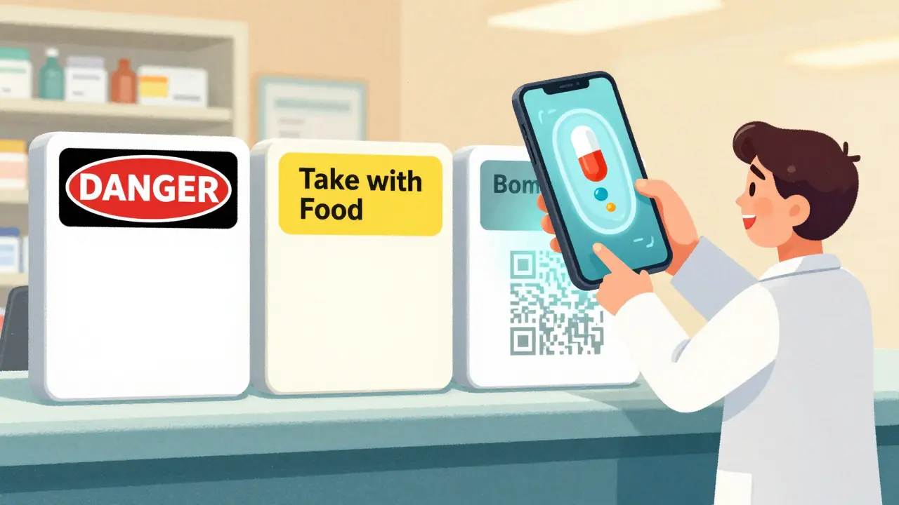 Three prescription labels with color-coded warnings and a smartphone scanning a QR code showing a video animation.