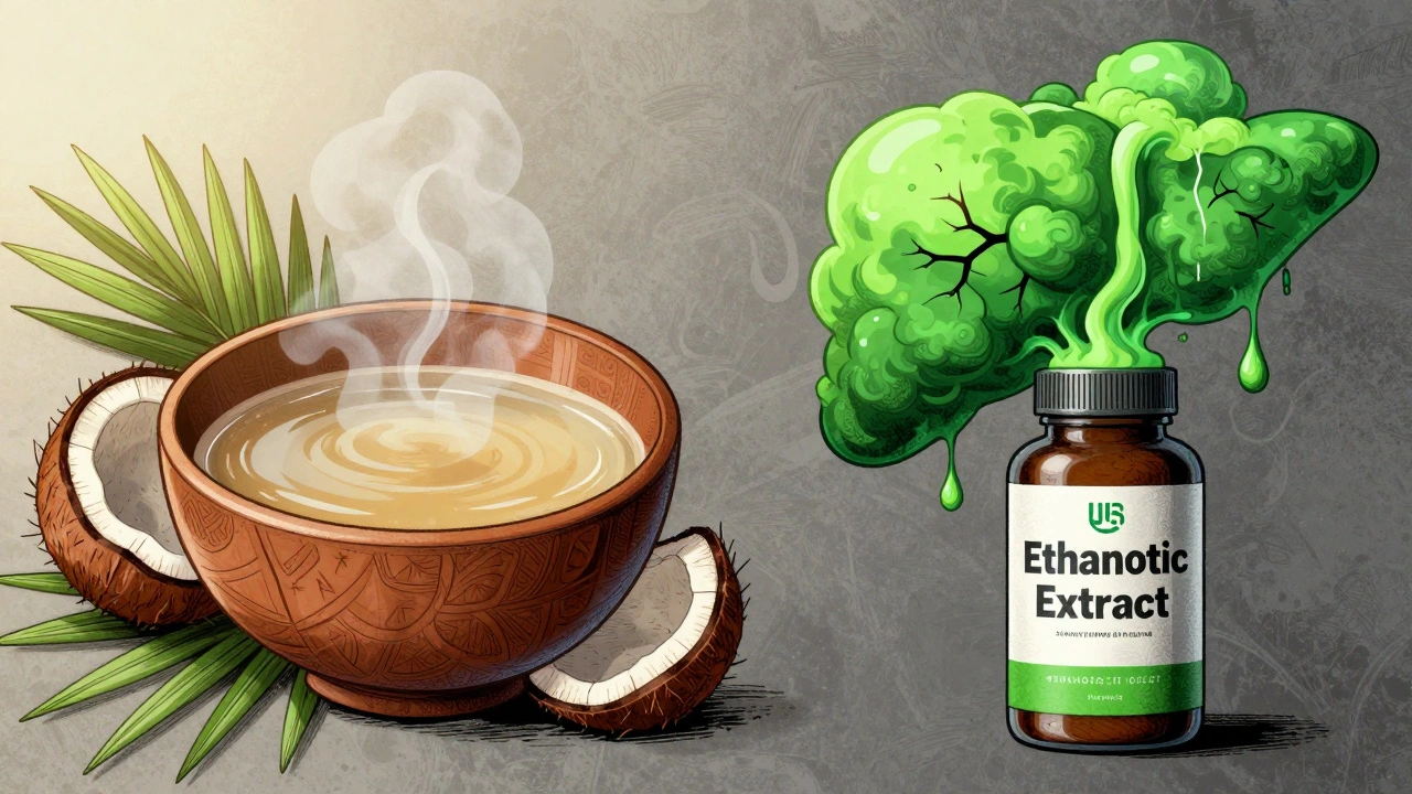 Traditional kava tea beside a toxic solvent-based extract, showing safe vs. dangerous preparation.