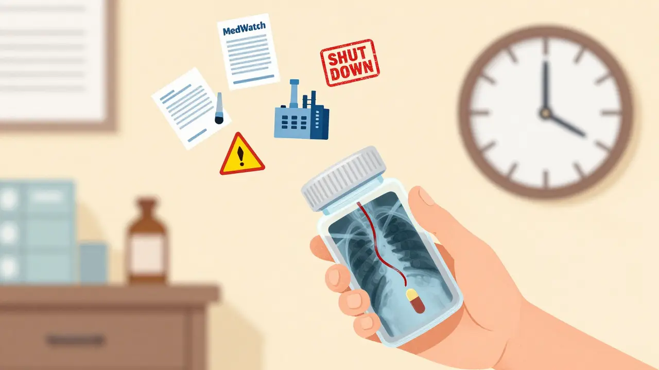 Transparent view of a pill dissolving in the bloodstream, with MedWatch reports and factory warnings floating nearby.