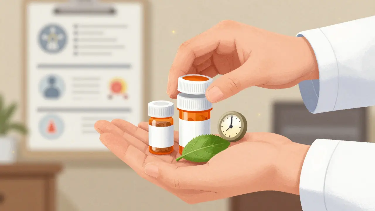A doctor replacing stacked medication bottles with a leaf and clock, symbolizing safe deprescribing.