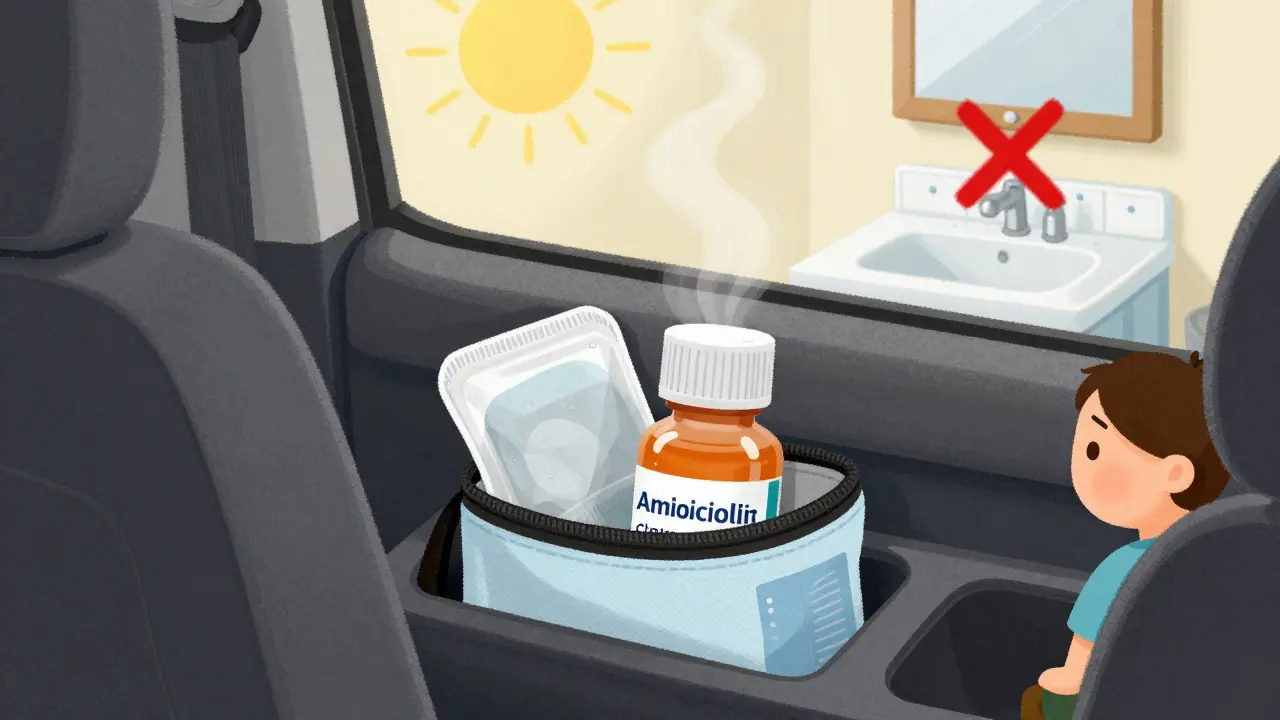 A family on a road trip with a cooled antibiotic bottle in a car cup holder, while a steamy bathroom is marked as unsafe for storage.
