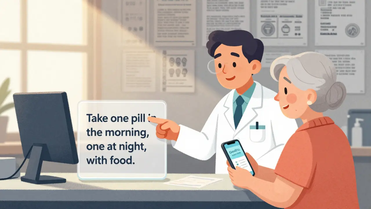 A pharmacist explaining a clear, large-print prescription label to a senior woman with sunlight and a phone showing a health app.