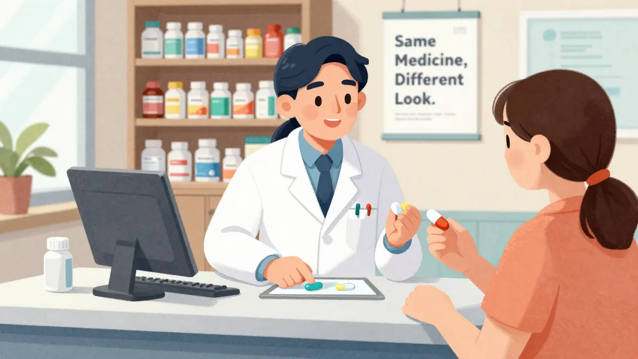 A pharmacist showing a patient a digital image of a pill while holding two different generic versions.