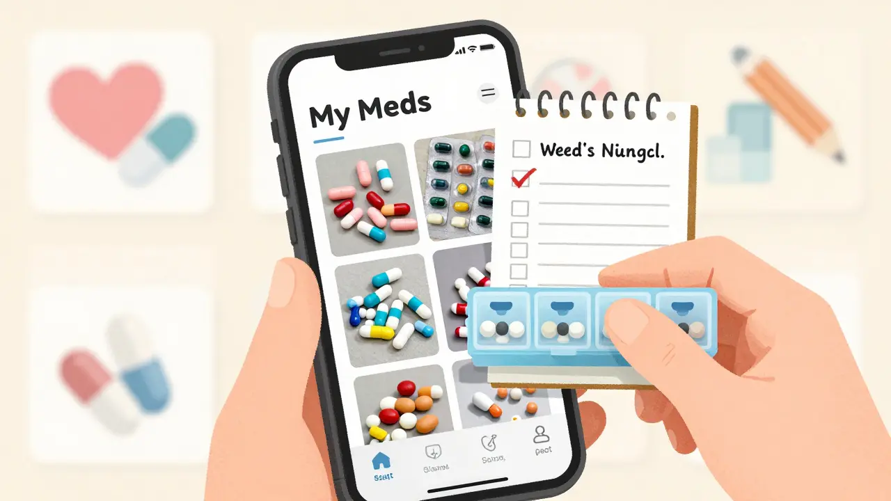 A smartphone displaying a photo log of changing pills next to a labeled pill organizer and handwritten notes.