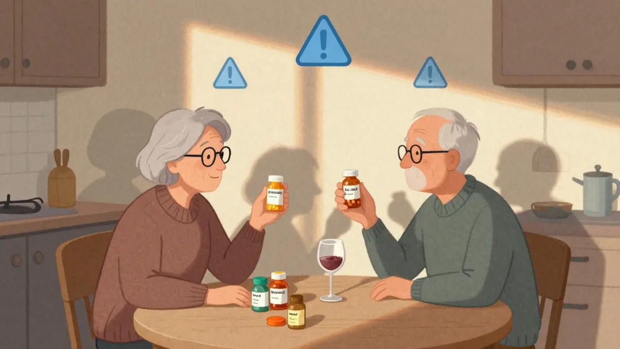 An elderly couple at a kitchen table surrounded by multiple pill bottles and a wine glass, shadows growing faint.