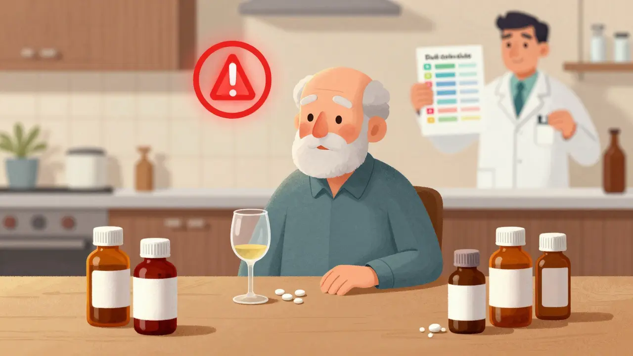 An elderly man surrounded by medication bottles and a wine glass, with a pharmacist showing a risk chart.