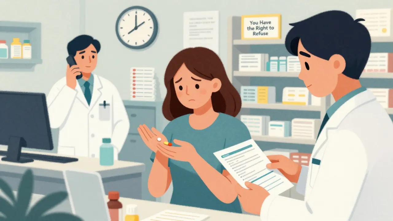 Busy pharmacy scene showing a pharmacist on the phone, a concerned patient, and an intern handing out a generic drug fact sheet.