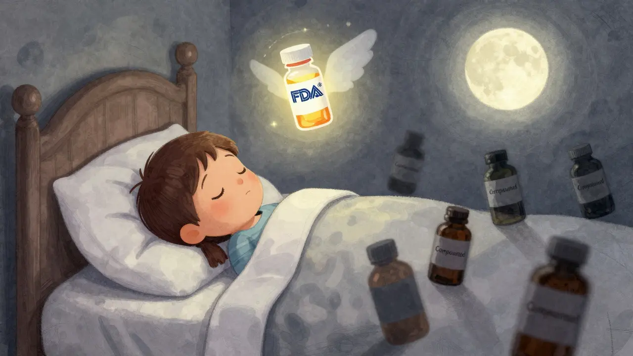 Child sleeping safely as FDA-approved medicine glows above, risky bottles fade below.