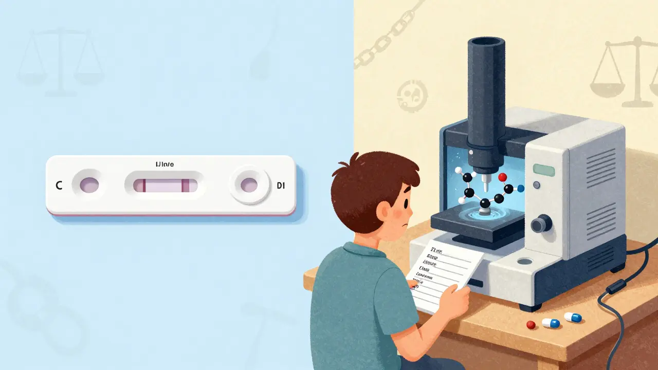 Comparison of basic urine test vs advanced lab analysis for opioid monitoring.