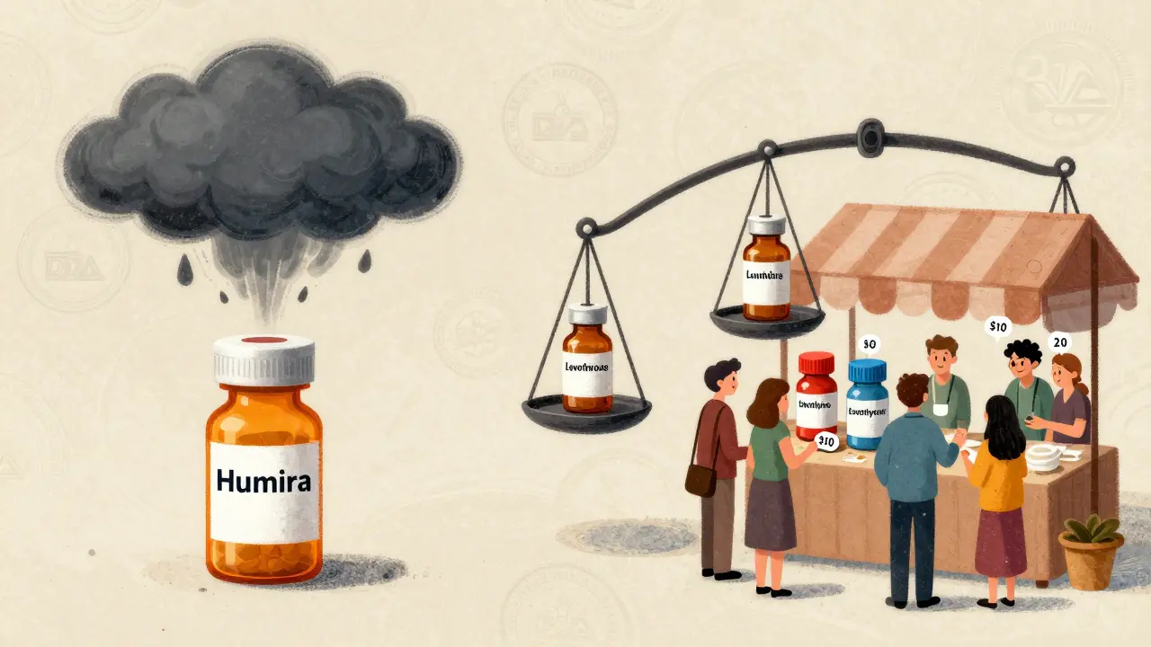 Contrasting images: one expensive brand drug under a storm cloud vs. many cheap generics in a sunny marketplace.