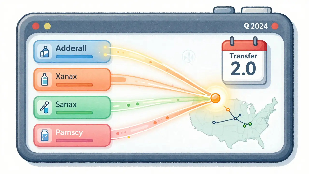 Digital dashboard tracking prescription transfers in real time with network connections and voice assistant icon.
