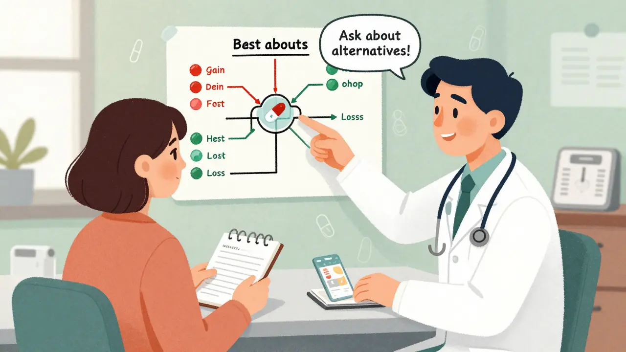 Doctor and patient reviewing a color-coded chart of medications and their weight effects in a clinic.