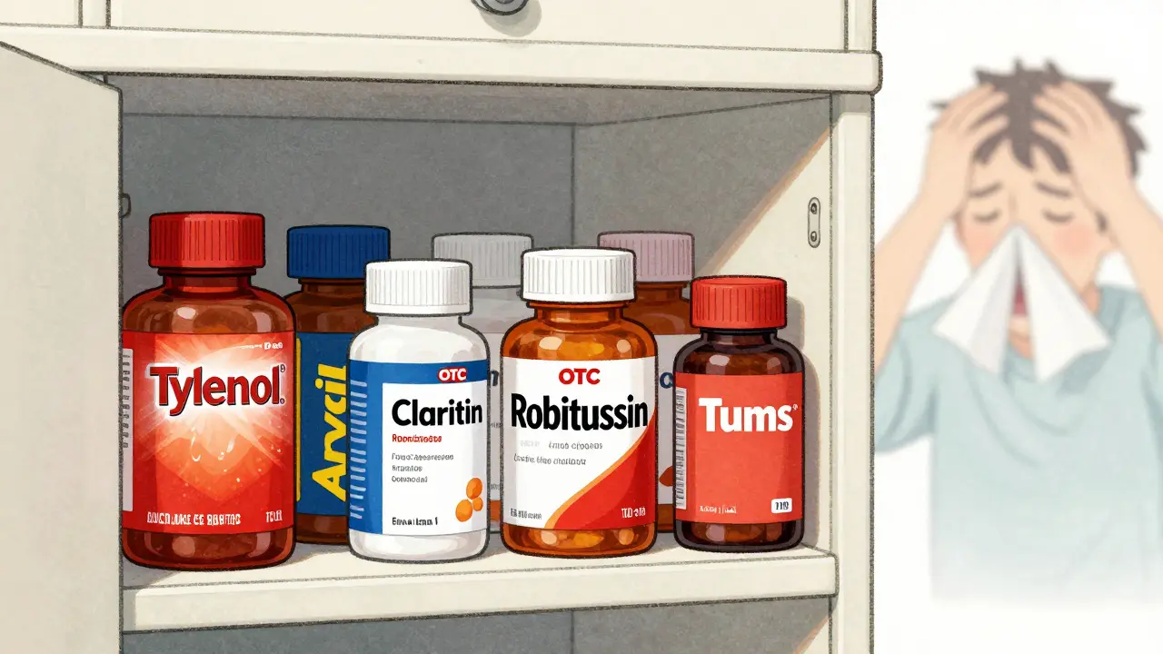 Five common OTC medicine bottles with clearly labeled active ingredients in a cabinet.