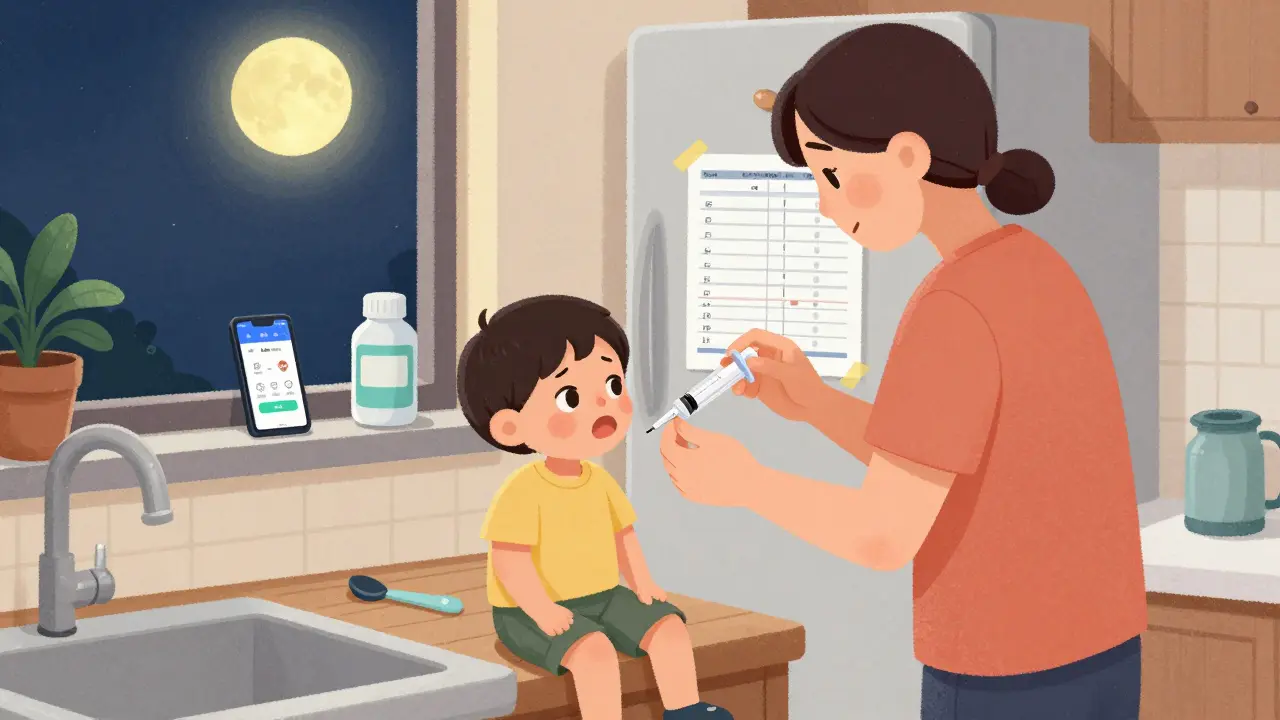 Nighttime scene of a parent administering medicine with a syringe, dosing chart visible on fridge, kitchen spoon in sink.