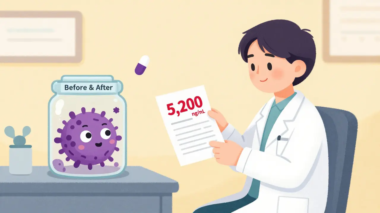 Patient holding a high prolactin blood test as a shrinking tumor and pill symbolize treatment success.