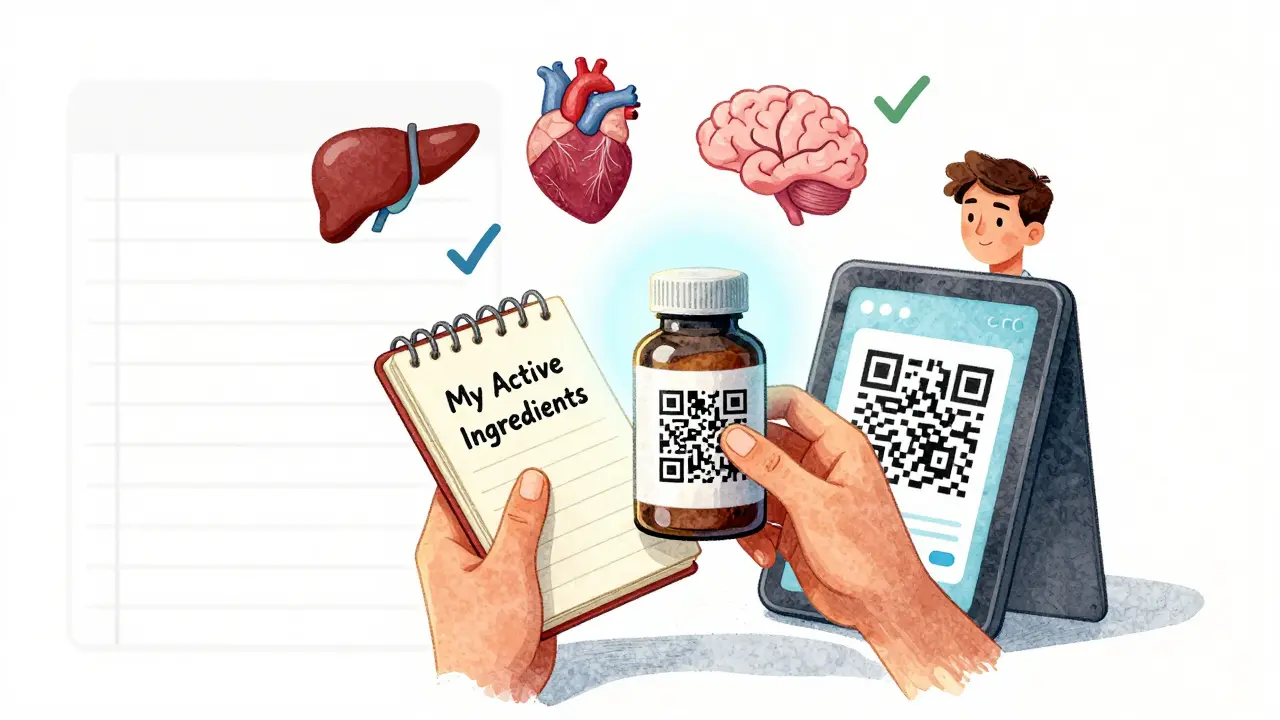 Person holding a notebook and scanning a QR code on a medicine bottle with digital icons floating nearby.