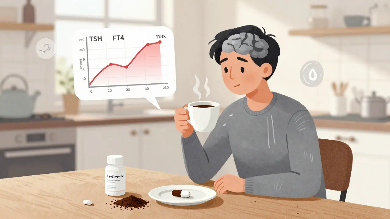 Person taking thyroid medication with coffee and supplements, feeling fatigued despite normal lab results.