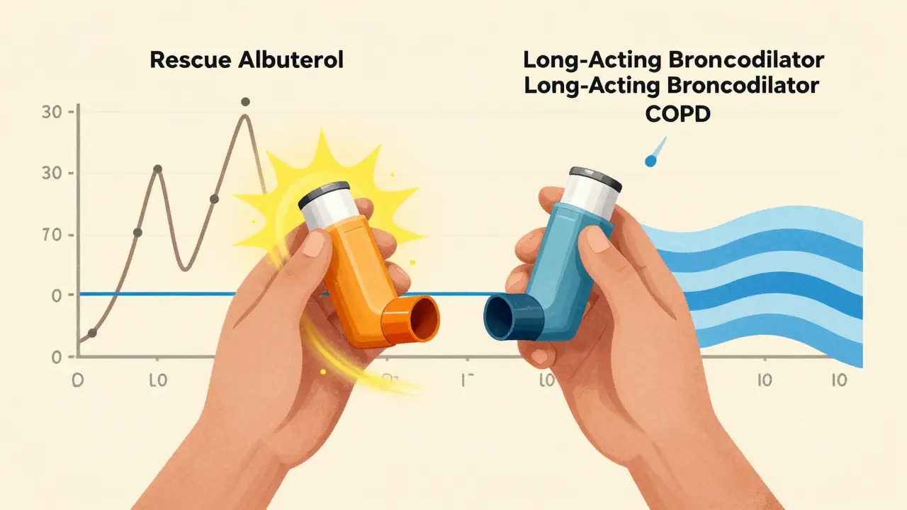 Person using two different inhalers with contrasting airflow patterns and spirometry graphs.