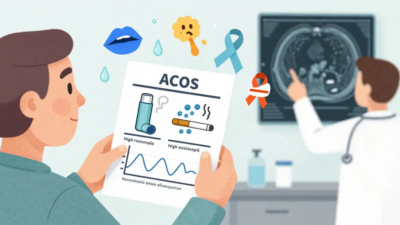 Person with ACOS holding a medical chart surrounded by symbols of asthma, smoking, and lung damage.