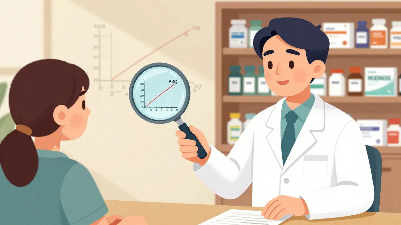 Pharmacist giving a prescription as FDA bioequivalence data appears in the background.