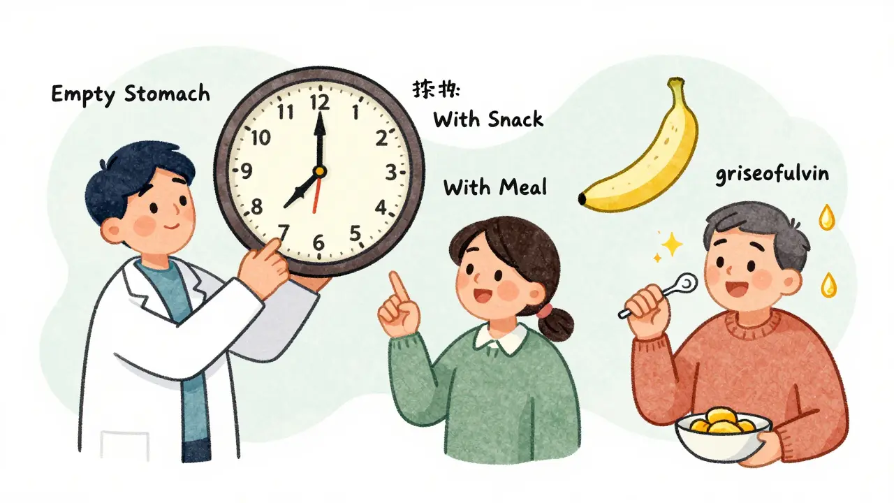 Pharmacist using a meal-timing clock to guide three patients taking different medications.