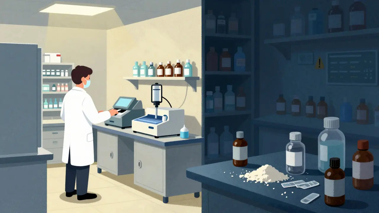 Safe pharmacy with sterile equipment vs. risky compounding lab in split illustration.