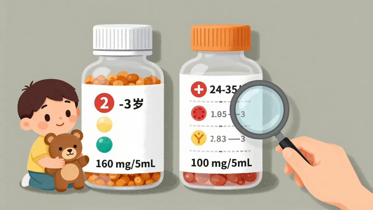 Side-by-side comparison of medicine bottles showing age vs. weight dosing charts with active ingredients highlighted.