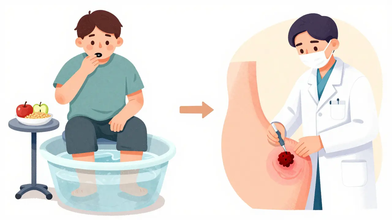 Side-by-side: healthy habits like fiber diet and sitz bath versus medical treatment for hemorrhoids.