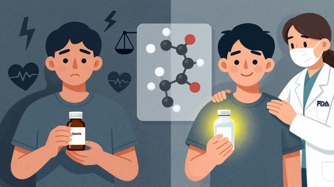 Split illustration of a patient’s fear versus trust in generic medication, with a pharmacist providing reassurance and FDA approval shown.