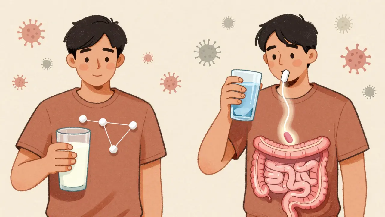 Split image: antibiotic blocked by milk on one side, absorbed properly with water on the other.
