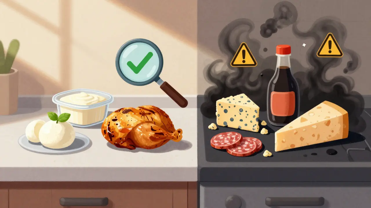 Split kitchen counter: safe fresh foods on one side, risky aged and cured items on the other, with smoke and warning icons marking danger.
