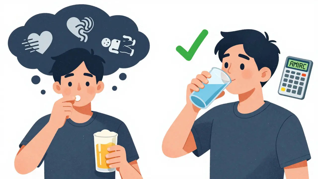 Split scene: one side shows dangerous alcohol-medication mix, the other shows safe choices with a digital risk calculator.