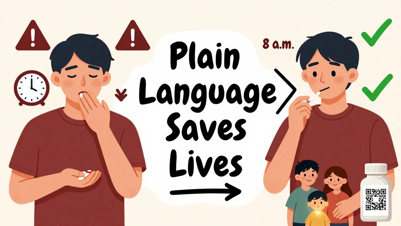 Split scene: one side shows dangerous medication misuse, the other shows correct dosing with a glowing QR code and checkmark.